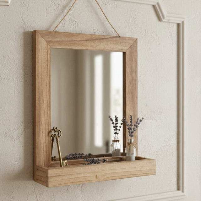 Solid Wood Rectangle Mirror with Shelves