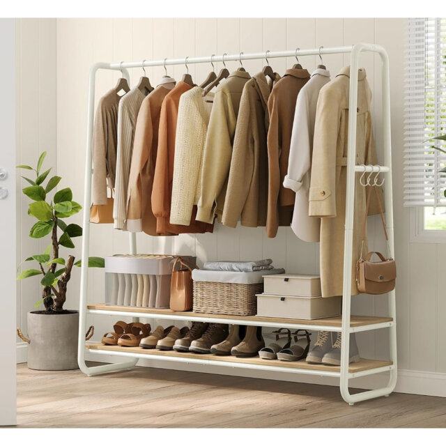 Clothes Rail, Clothes Rack With 2 Shelves, 6 S-Shaped Hooks, Steel Frame