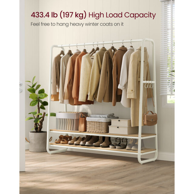Clothes Rail, Clothes Rack With 2 Shelves, 6 S-Shaped Hooks, Steel Frame, For Bedroom