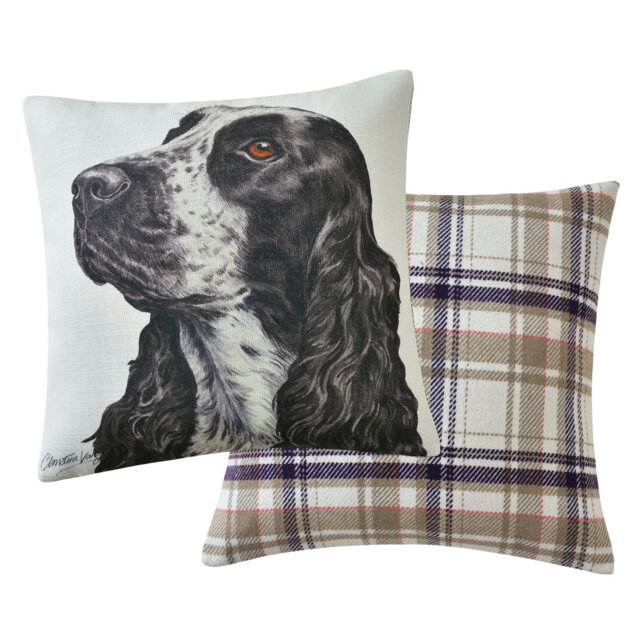 Cocker Spaniel Dog Seat Cushion Watercolour And Check Print. 43 X 43Cm