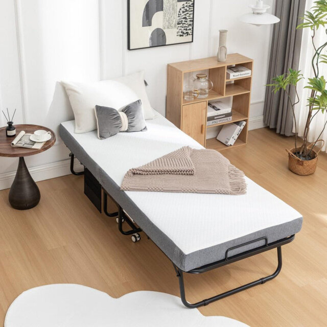 "Folding Bed with Mattress, Portable Foldable Bed with 5"" Memory Foam Mattress and Metal Frame for Adults, Roll Away Guest on Wheels"