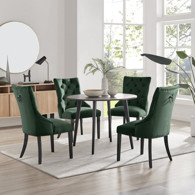Bulkley Round Dining Table Set with 4 Velvet Dining Chairs - Scratch Resistant Melamine Surface