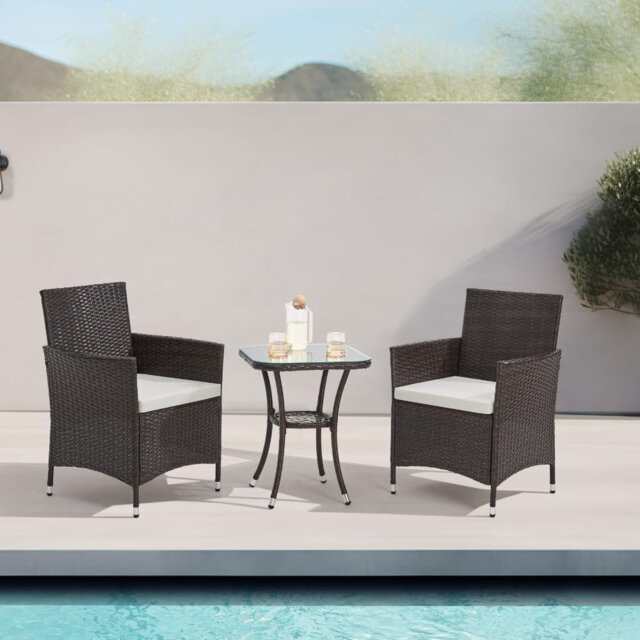 Lark Manor Sunray Outdoor Rattan Garden Bistro 3 Piece Set with Cushions Glass Top Table