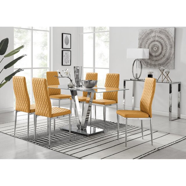 Ransart Modern Luxury Glass & Metal Dining Table Set With 6 Quilted Faux Leather Dining Chairs