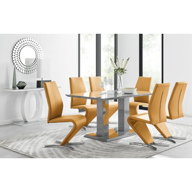Edzard Double Pedestal High Gloss Dining Table Set with 6 Luxury Faux Leather Dining Chairs