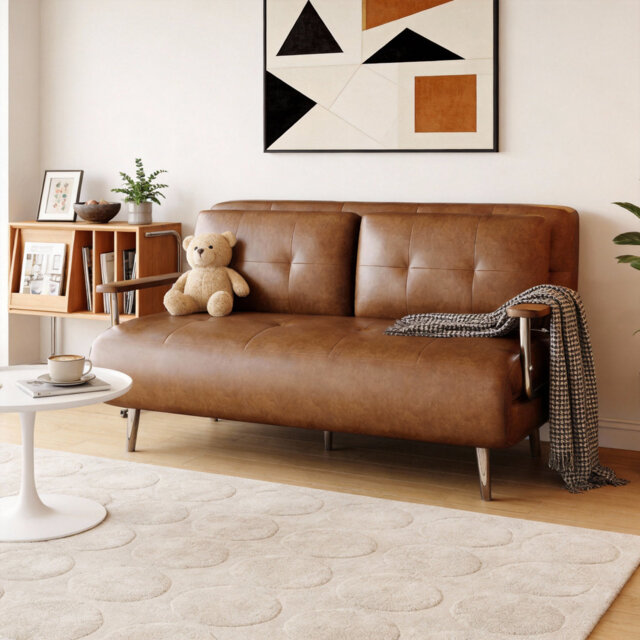 3-in-1 Double Convertible Sofa Bed Chair With Adjustable Backrest, 150cm Mid-century Space-saving Folding Sofa, Oil Wax Leather Sofa For Living Room