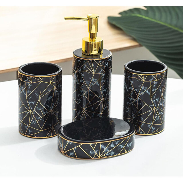 4pcs Ceramic Bathroom Set: Toothbrush Holder, Mouthwash Cup, 300ML Lotion Dispenser, Soap Dish