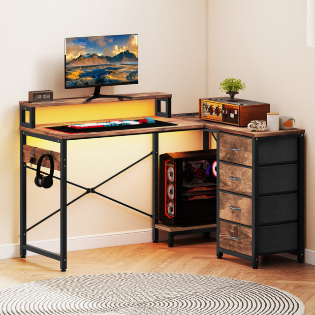 L-Shaped Metal Base Computer Desk with Power Outlet