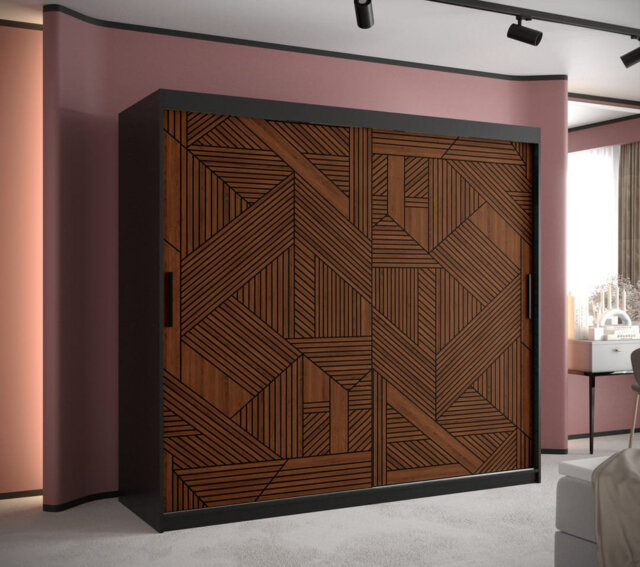 Oswego I Sliding Door Wardrobe in Black & Dark Walnut - Premium Laminated Board - W200cm