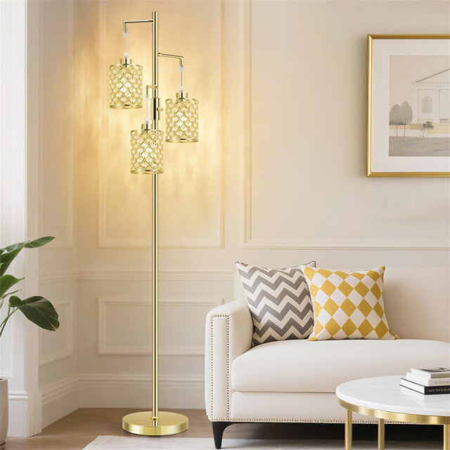 Morden Crystal Floor Lamps For Living Room, 3-Light Standing Tall Lamp With Elegant K9 Crystal Shade & Rotary Switch, Modern Corner Floor Lamp For, B