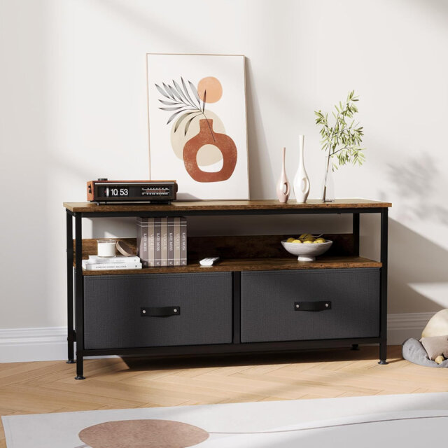 Aptliton 98.8cm TV Stand with 2 Fabric Drawers, Modern Media Console Table for Bedroom Living Room, Narrow Television Stand Entertainment Centre, Fits