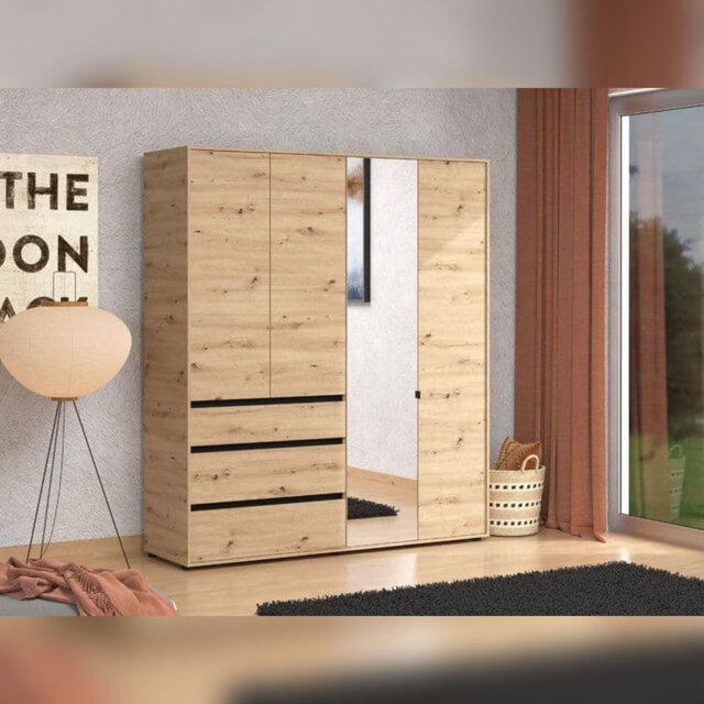 Aka Wardrobe Mirror Storage Hanging Rail With Shelving 183cm Drawers 4 Door 3 Drawers Cashmere Bedroom Furniture