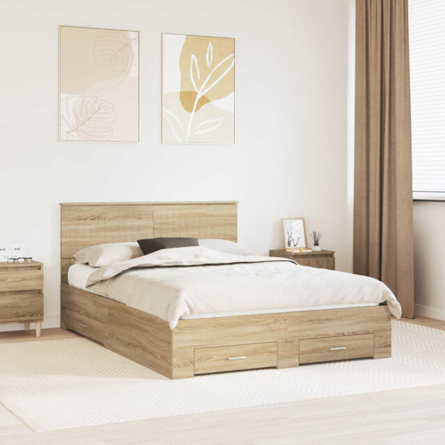 Bed Frame With Drawer Smoked Oak 135 X 190 Cm Engineered Wood
