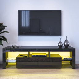 "Birchfield 160Lx35Wx45H cm High Gloss TV Stand/TV Cabinet, 2 Drawers 3 Storage, RGB Remote, 16W, Fits 65"" TVs"
