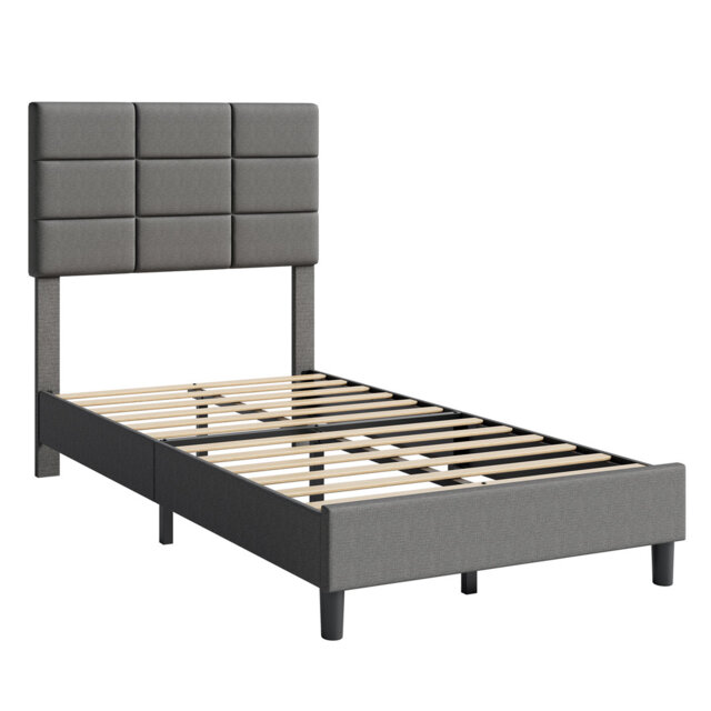 Modern Full Size Platform Bed Frame, Linen Upholstered Bed Frame with Adjustable Height Headboard and Strong Wooden Slats, No Box Spring Needed, Noise