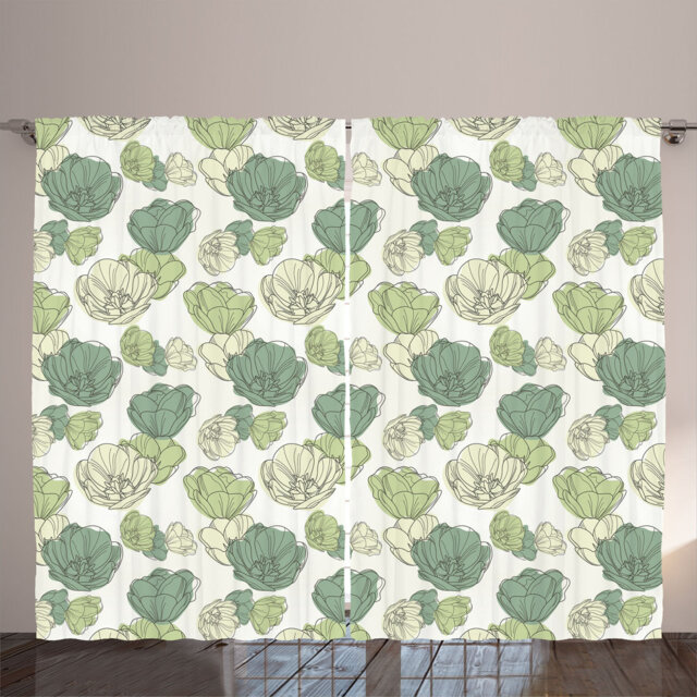 Rustic curtain, neutral bohemian floral pattern, tulips, avocado green and jade green
