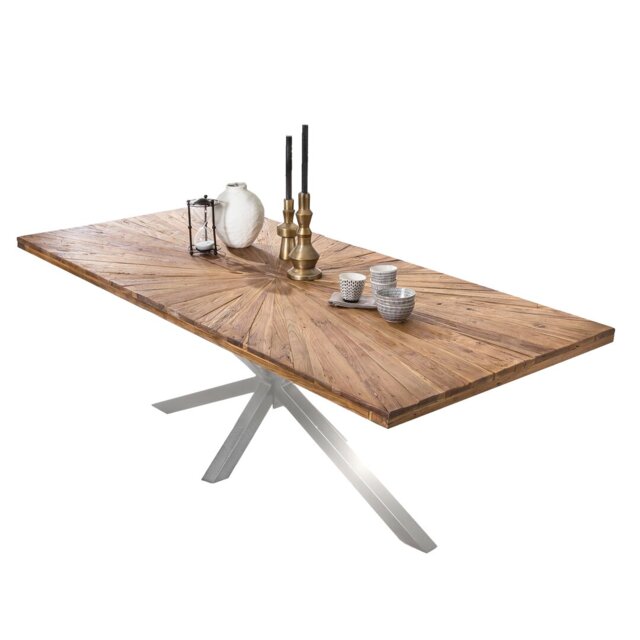 Isaac Teak Solid Wood Top Metal Base Dining Table