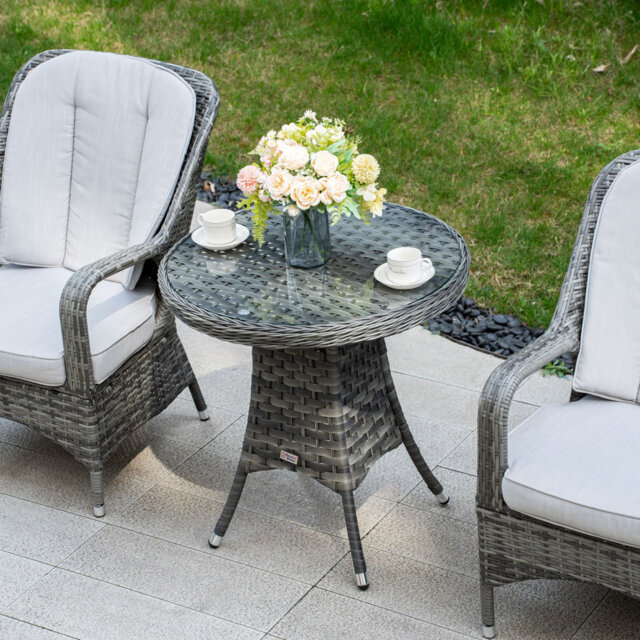 70cm Rattan Wicker Outdoor Bistro Table with Tempered Glass Top