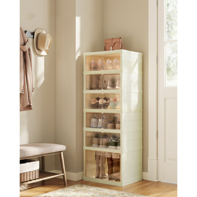 Shoe Cabinet, Slim Foldable Shoe Rack Organiser, Clear Door, For 12 Pairs, For Boots, Trainers, Hallway, Living Room, 6 Tiers, Cream White