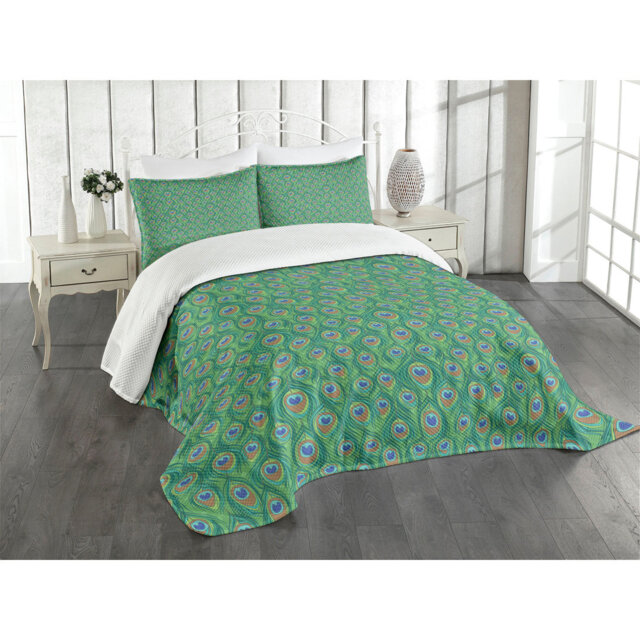Adinath Green/Orange Microfibre Bedspread Set