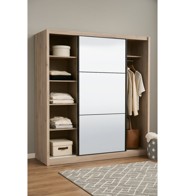 Orbix Artisan Oak Effect Sliding Door Wardrobe 213cm Wide Full Mirrored With Shelving And Hanging Rail