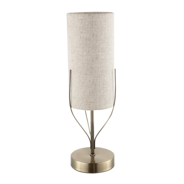 Sleek Antique Brass Metal Table Lamp With Cylindrical Linen Shade By