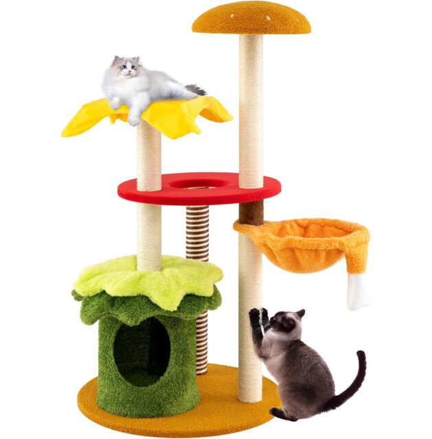 117 cm Tall Modern Cat Tree, Multi-Level Kitten Tower w/ Hanging Basket Bed, Condo, Padded Perch, Sisal Scratching Posts, Plush Cushions, Hanging Toy,