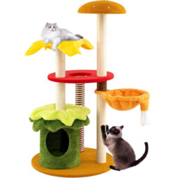 117 cm Tall Modern Cat Tree, Multi-Level Kitten Tower w/ Hanging Basket Bed, Condo, Padded Perch, Sisal Scratching Posts, Plush Cushions, Hanging Toy,