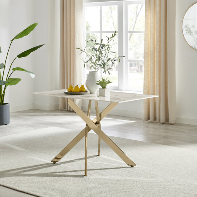 Lenworth Luxury Marble Effect Glass 4 Seater Dining Table - Modern Statement Design