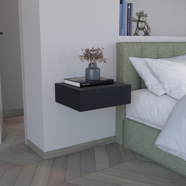 Milano floating bedside table in melamine with a drawer on a metal rail, Black 13 X 40 X 34.1 cm