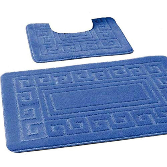 2 Piece Greek Bath Mat Set Non Slip Ultra Soft Bathroom Mats Water Absorbent Bath Mats Machine Washable Rug Toilet Mat For Bathroom Floor (Blue
