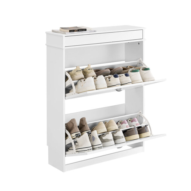 Hoe Rack Cabinet With 2 Flip Drawers, Slim Shoe Storage Cabinet Hallway, Entryway, Corridor, Small Spaces, MDF Wooden Cupboard