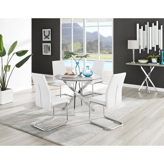 Tierra Modern Chrome Metal & Glass Round Dining Table Set with 4 Upholstered Faux Leather Chairs