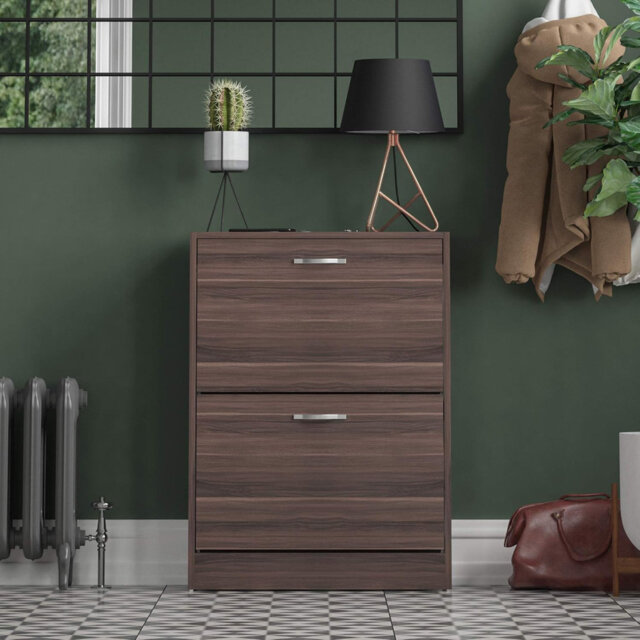 2 Drawer Shoe Cabinet, Cupboard Shoe Storage Organiser Pull Down Wooden Furniture Wood Unit