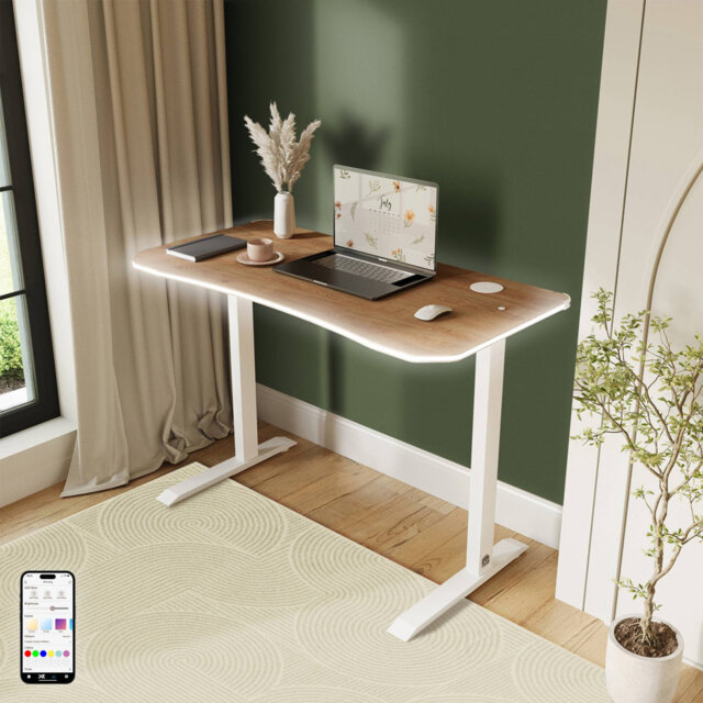 XR Living Oka Office Desk with Wireless Charging and App Controlled RGB LED Lights - Oak