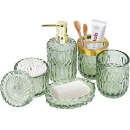 Green Glass Bathroom Set (5pcs) - Soap Dispenser, Toothbrush Holder & Essential Accessories