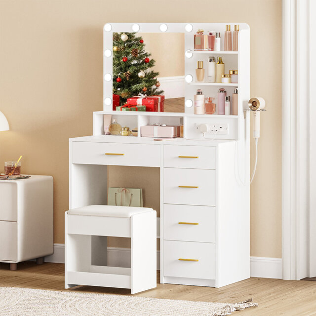 Dressing Table with 3-Colour LED Adjustable Brightness, Vanity Table with Plug and Large Mirror, Stool and Hairdryer Holder, Muti-Drawer Dressing Tabl