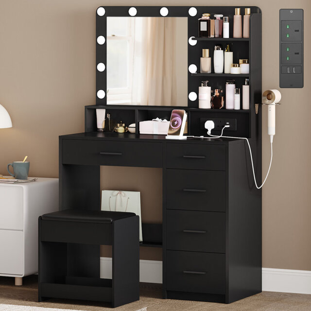 Dressing Table with 3-Colour LED Adjustable Brightness, Vanity Table with Plug and Large Mirror, Stool and Hairdryer Holder, Muti-Drawer Dressing Tabl
