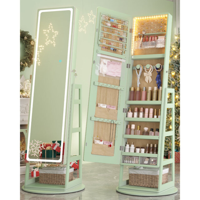 Swivel Jewelry Armoire with Led Full Length Mirror, Rear Storage Shelves and Lockable