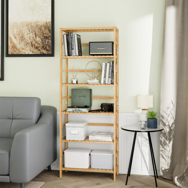 Bookcase, Bamboo Bookshelf, 6-Tier Adjustable Tall Open Book Shelf, Free Standing Storage Shelves Organizer, Flower Plant Display Stand