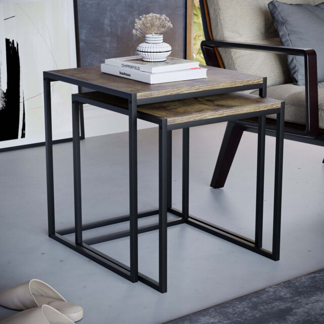 Sylvie 2 Piece Nest of Tables Industrial Living Room Side Tables With Metal Legs