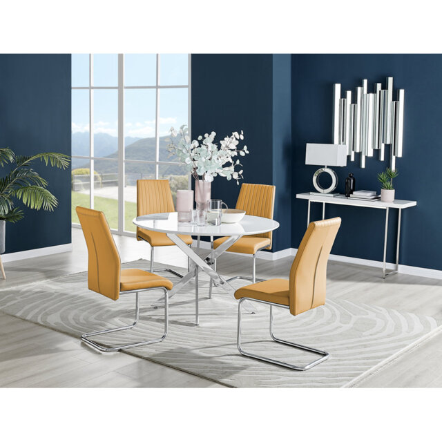 Tierra Modern Chrome Metal & Glass Round Dining Table Set with 4 Upholstered Faux Leather Chairs