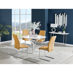 Tierra Modern Chrome Metal & Glass Round Dining Table Set with 4 Upholstered Faux Leather Chairs