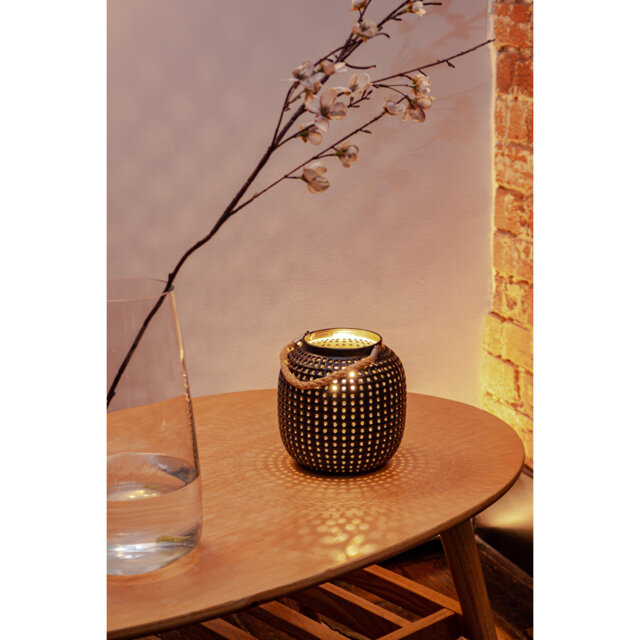 Lantern Porcelain Table Lamp- Dark Ceramic Light with Asian Inspired Cutouts