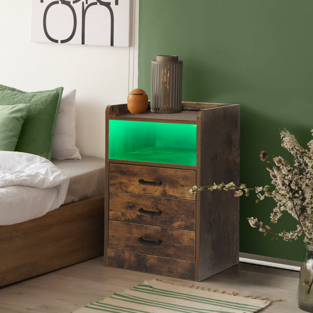 Metro Lane Bedside Table Nightstand Usb Charger Outlet Rgb Led 3 Drawers