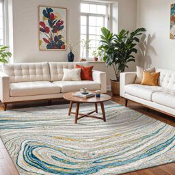 Abstract Modern Marble Dark Teal Beige Area Rug