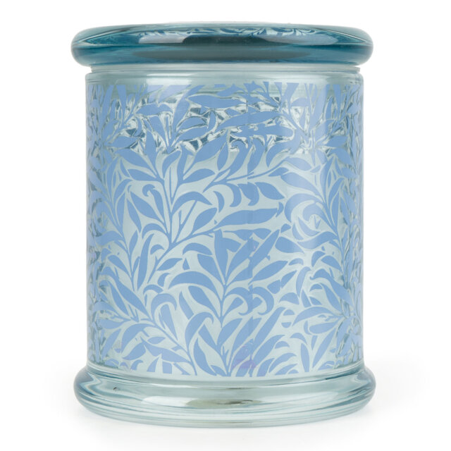 12cm Glass Candle Leafy Trellis Blue With Lid And 5% Woodsage & Sea Salt Scent