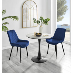 Ellis White Marble Effect Melamine Round Dining Table Set with 2 Luxury Velvet Dining Chairs