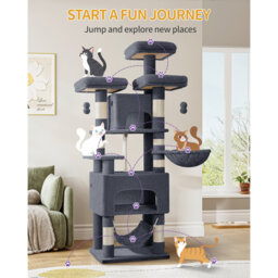 Cat Tree for Indoor Cats, 176cm Large Cat Tower, Multi-layer Scratching Post with 3 Platforms, 2 Caves, 7 Sisal Posts, Hammock, Pompoms, Heavy-Duty fo