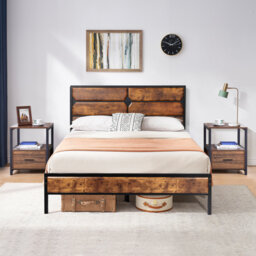 3 Piece Bedroom Set, Industrial Bed Frame with 2 Nightstands Set, Metal Platform Bed with Wood Headboard & Footboard, Farmhouse Bedroom Furniture Set